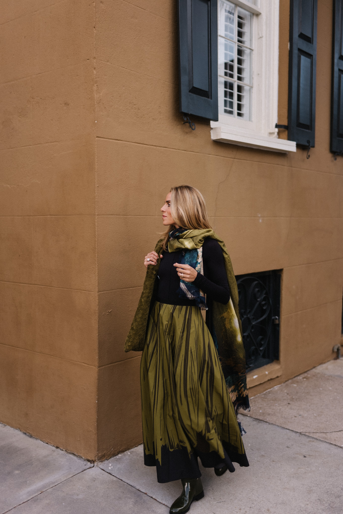 black turtleneck silk green maxi skirt