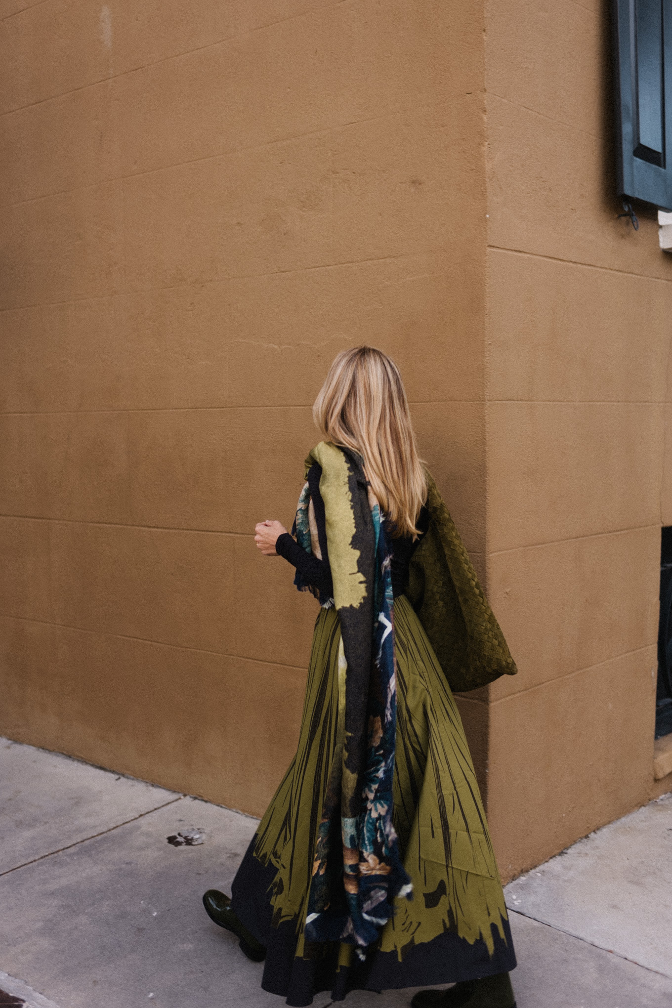 black turtleneck silk green maxi skirt