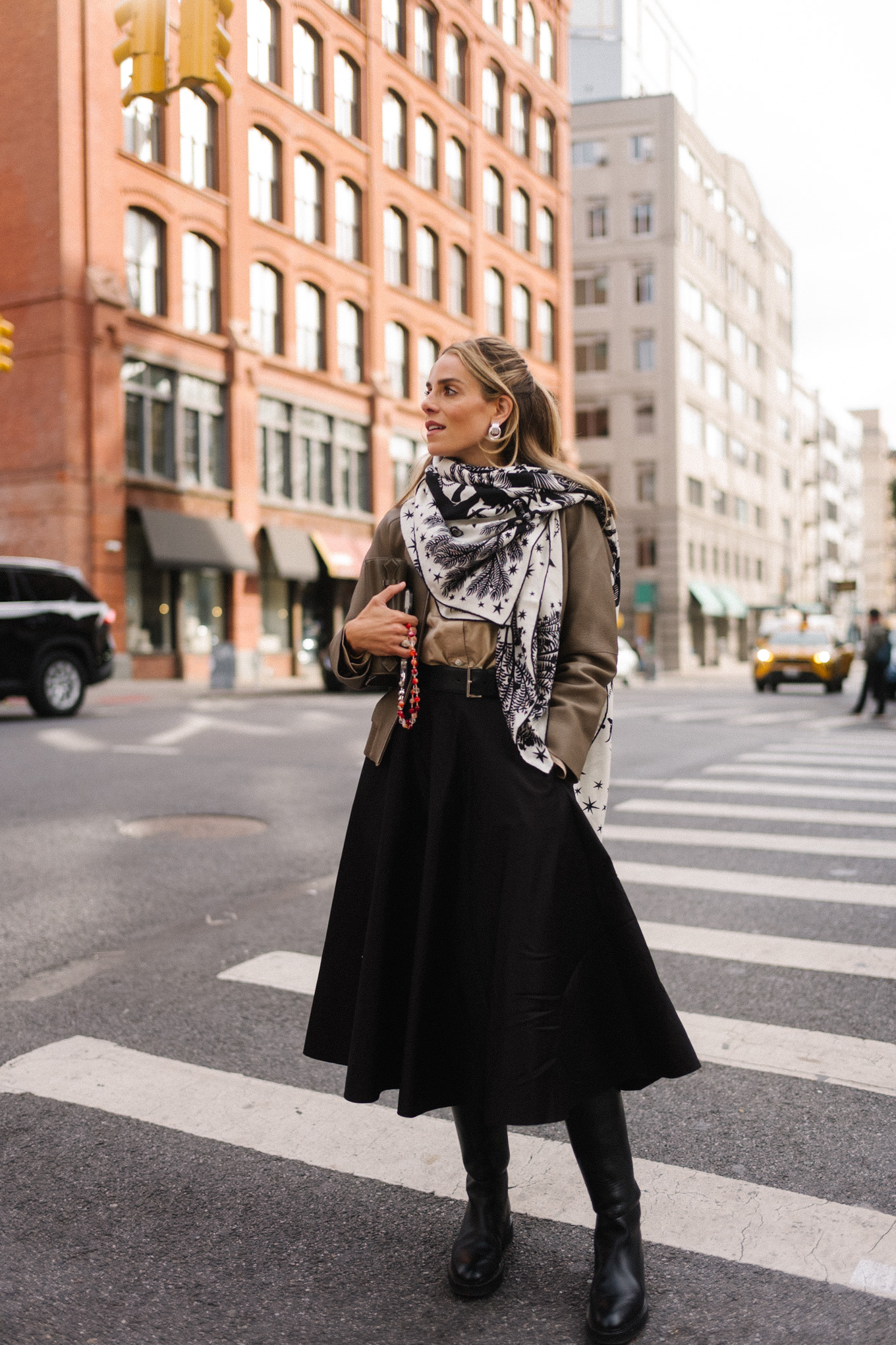 deerskin cropped jacket tan oxford shirt black skirt silk scarf black boots