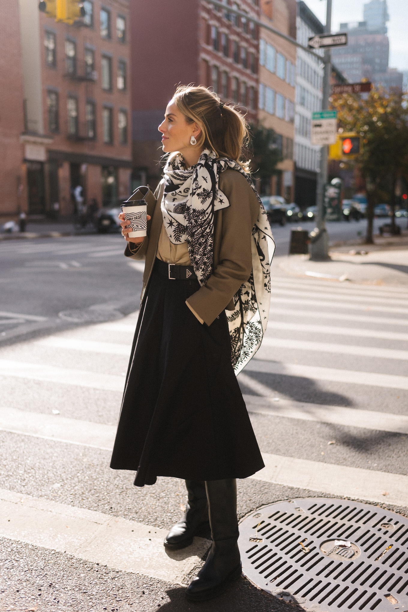 deerskin cropped jacket tan oxford shirt black skirt silk scarf black boots