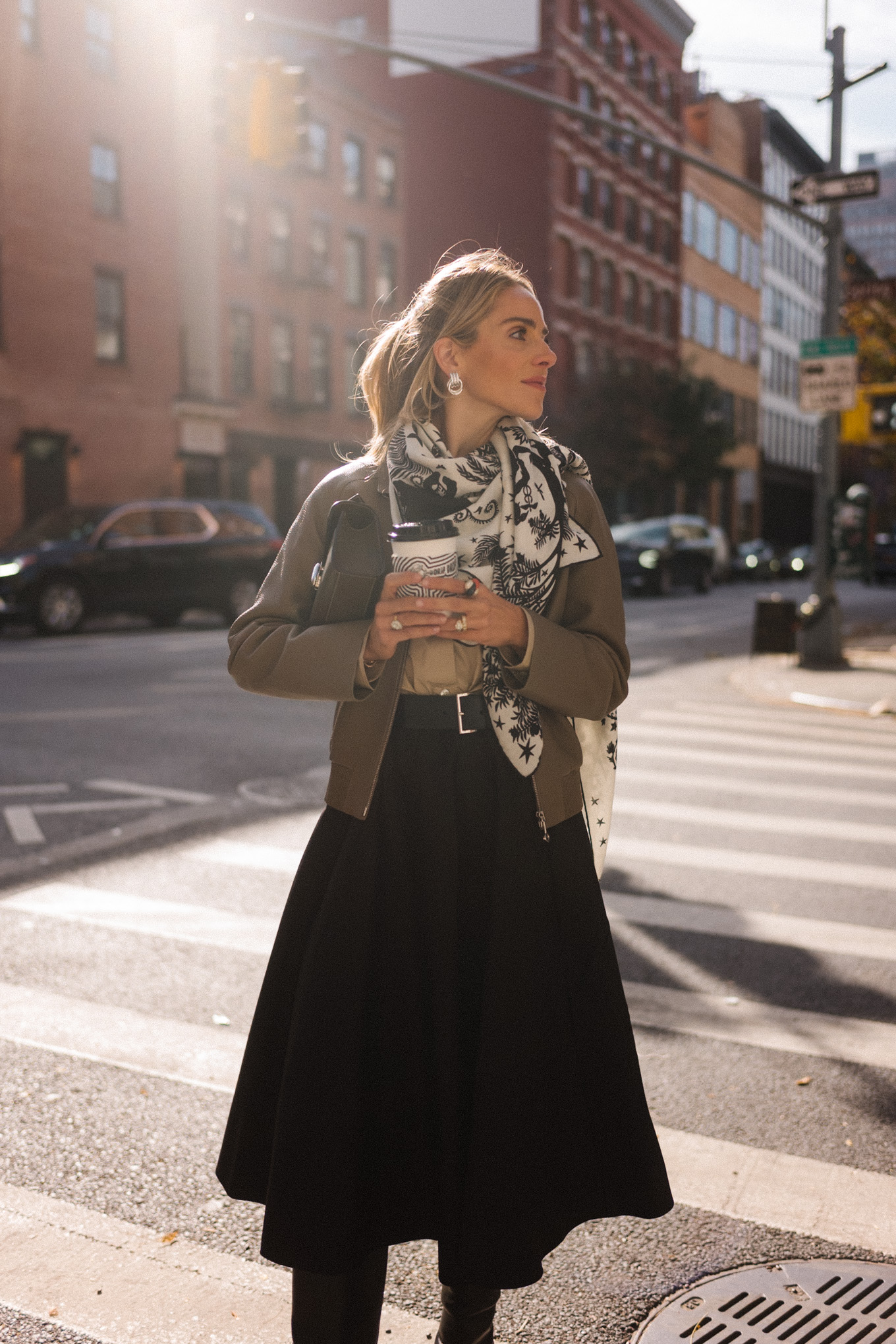 deerskin cropped jacket tan oxford shirt black skirt silk scarf black boots