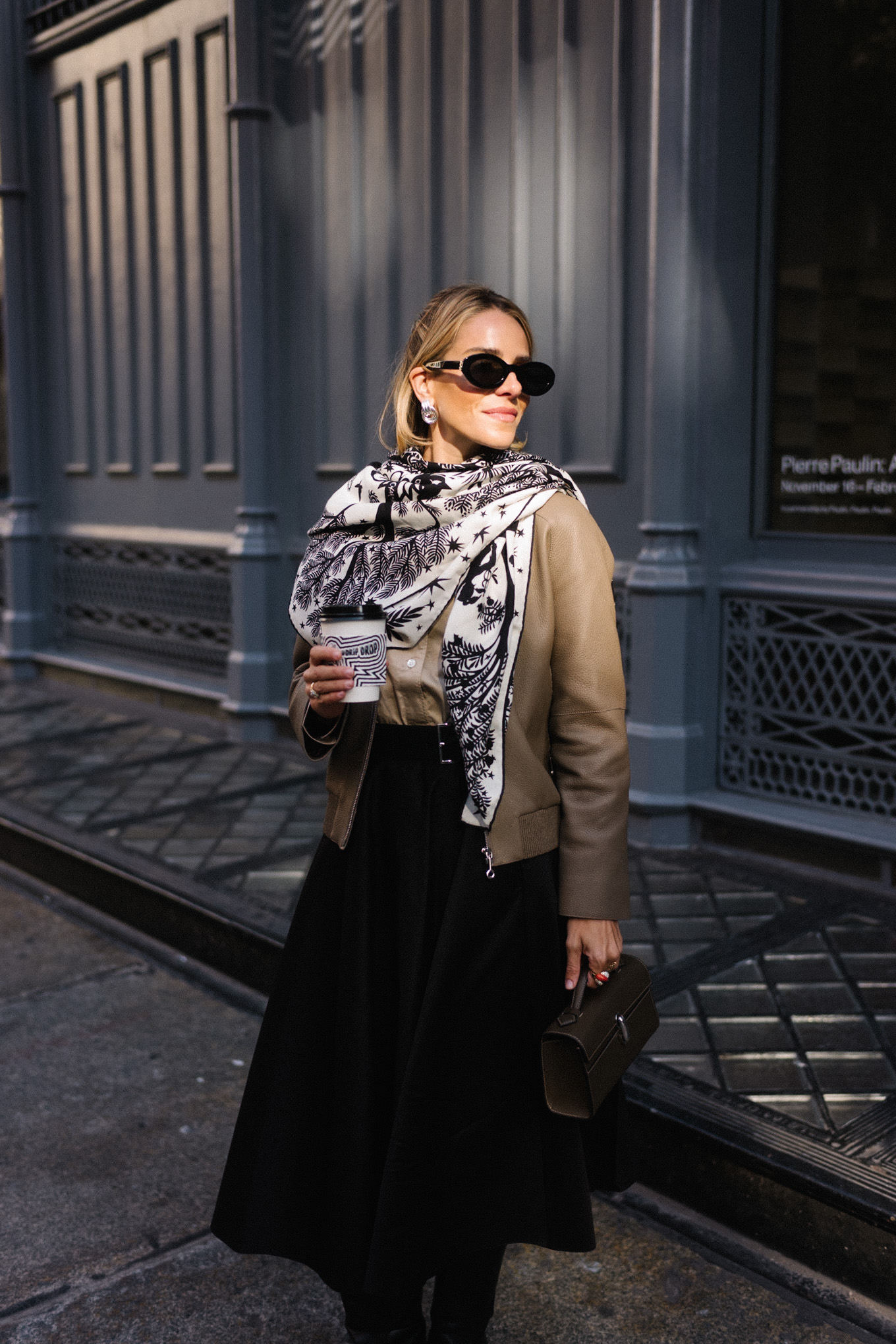 deerskin cropped jacket tan oxford shirt black skirt silk scarf black boots