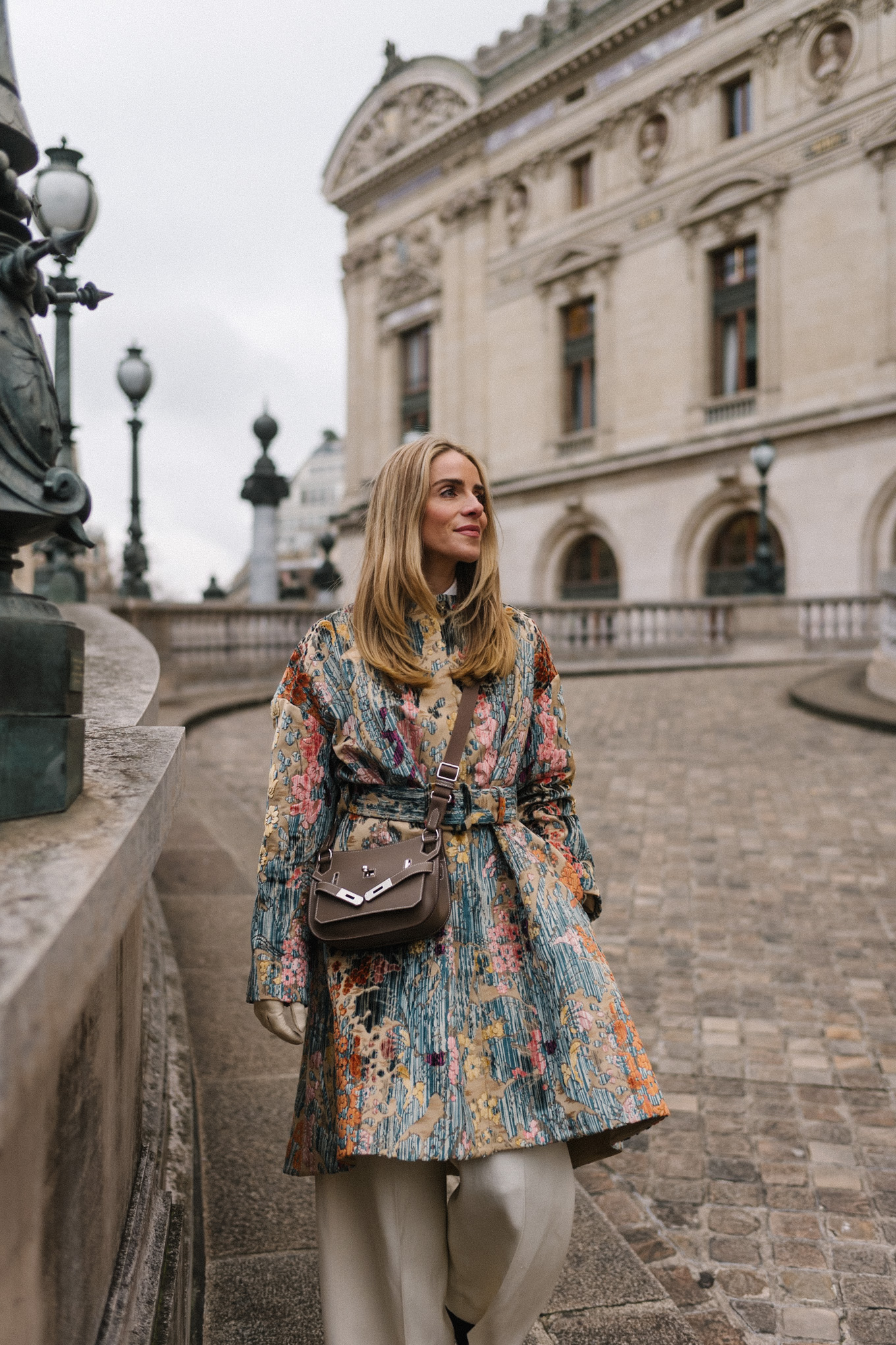 pastel brocade jacquard coat white pants tan loafers taupe crossbody bag