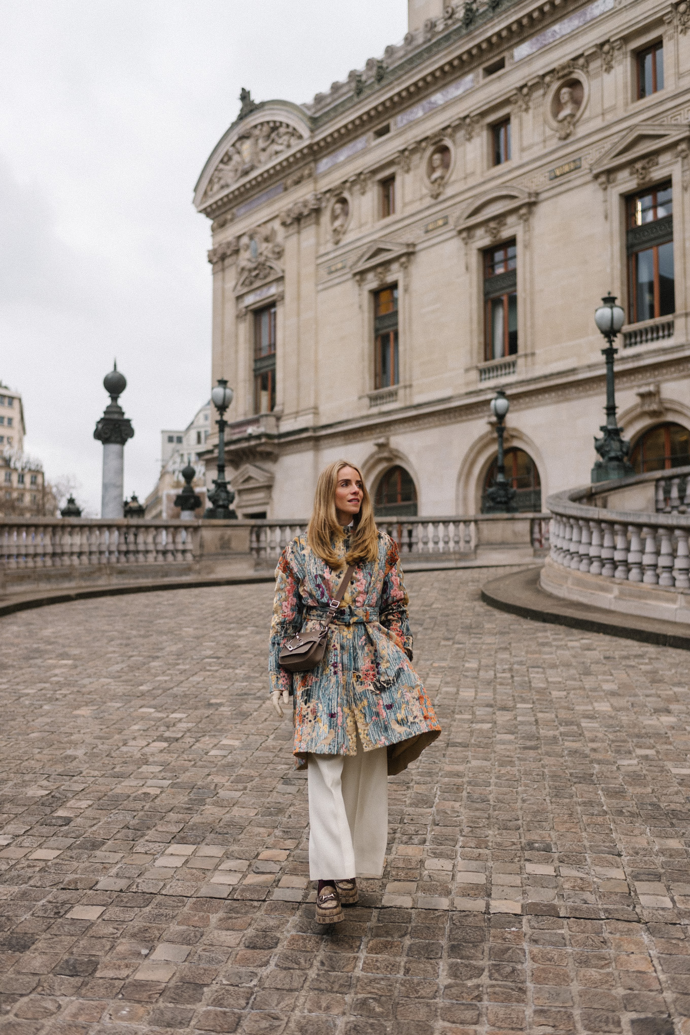 pastel brocade jacquard coat white pants tan loafers taupe crossbody bag