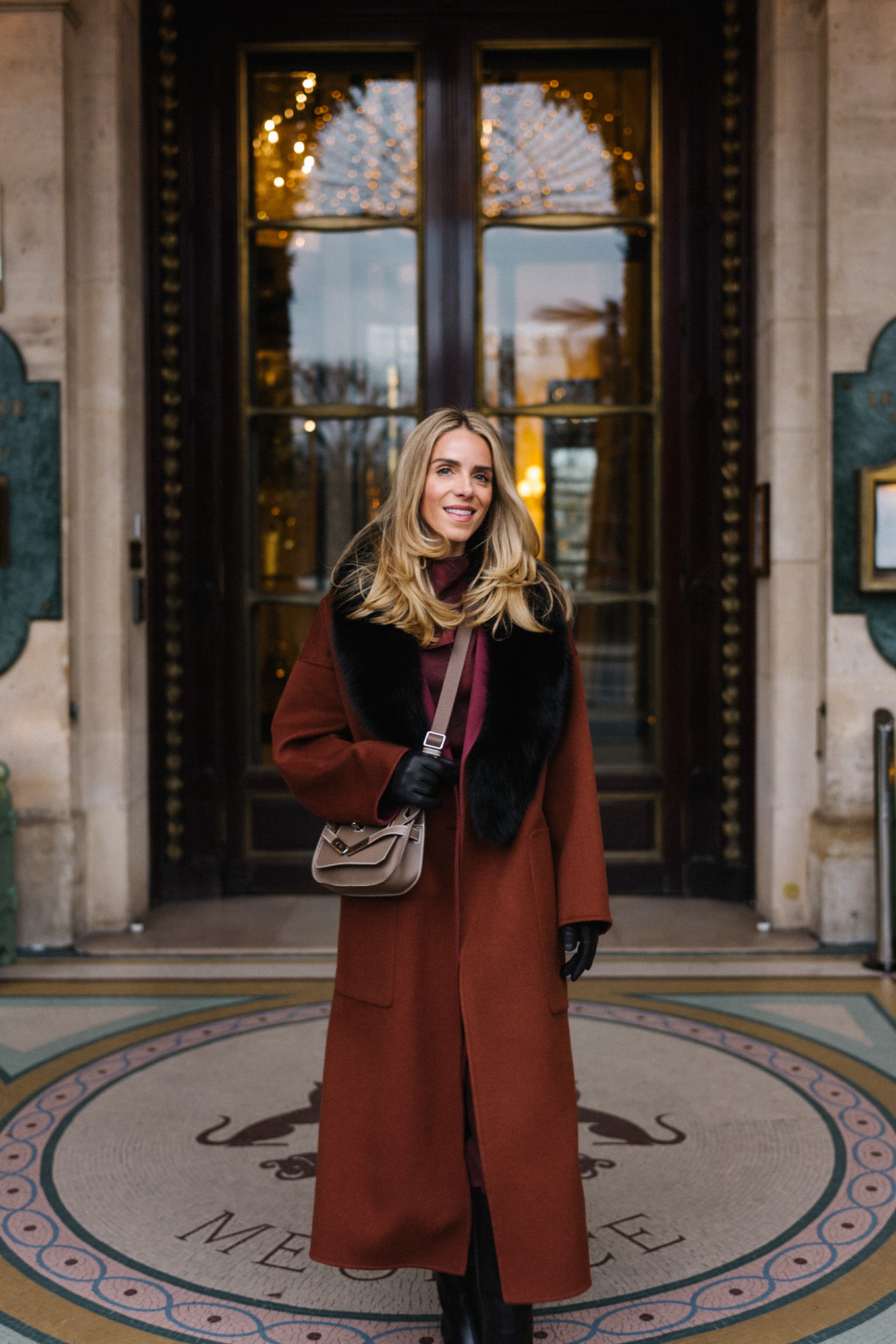 maroon winter coat silk dress black leather boots