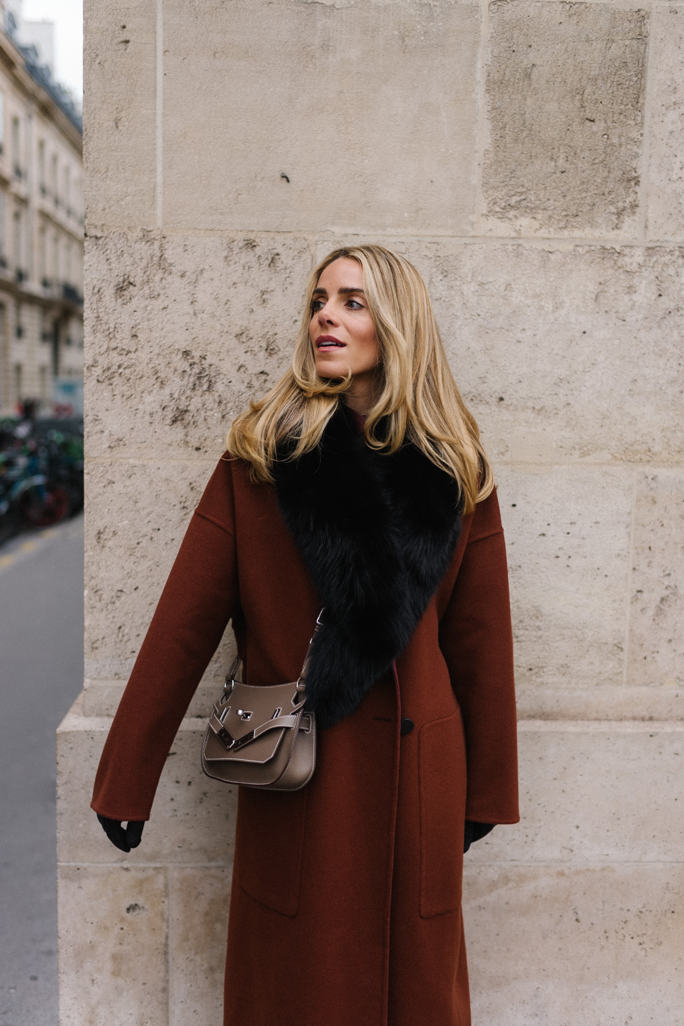 maroon winter coat silk dress black leather boots