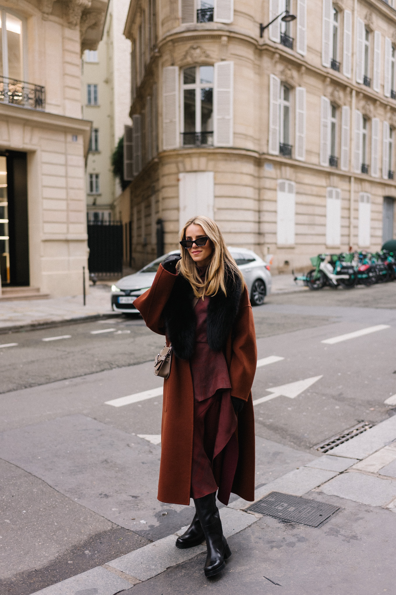 maroon winter coat silk dress black leather boots