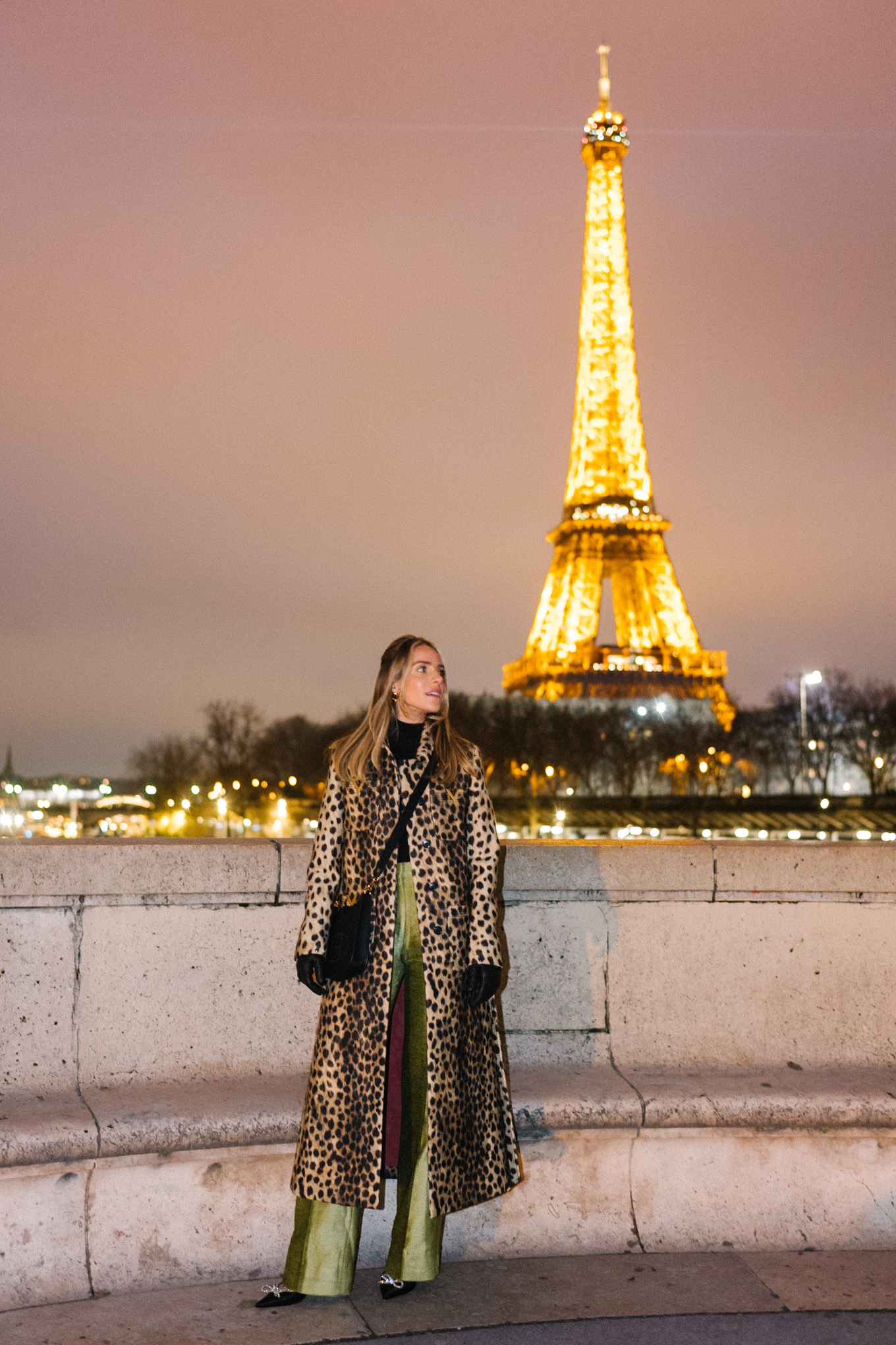 leopard winter coat green satin pants black pumps black leather bag