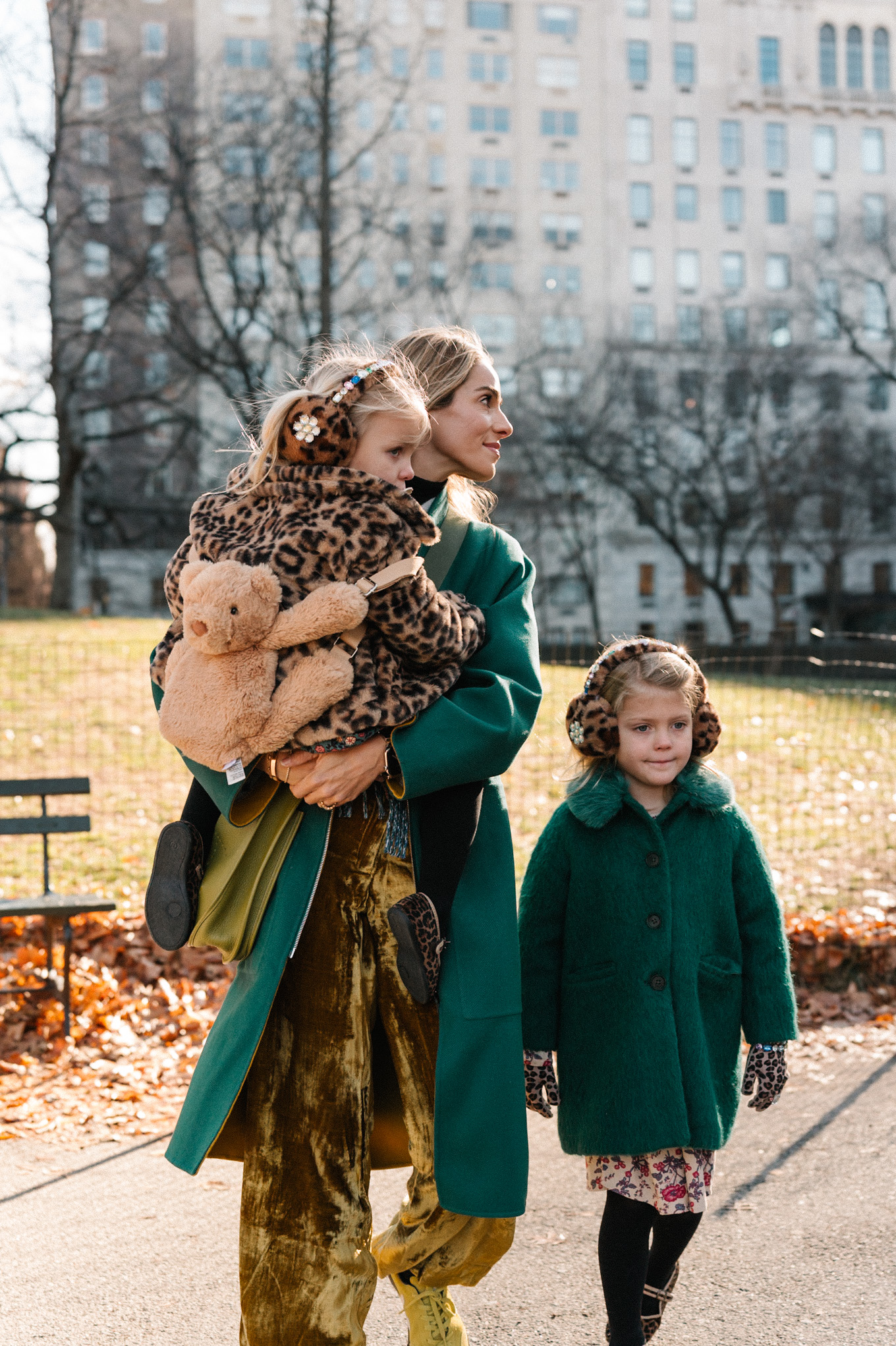 long green wool coat gold velvet pants