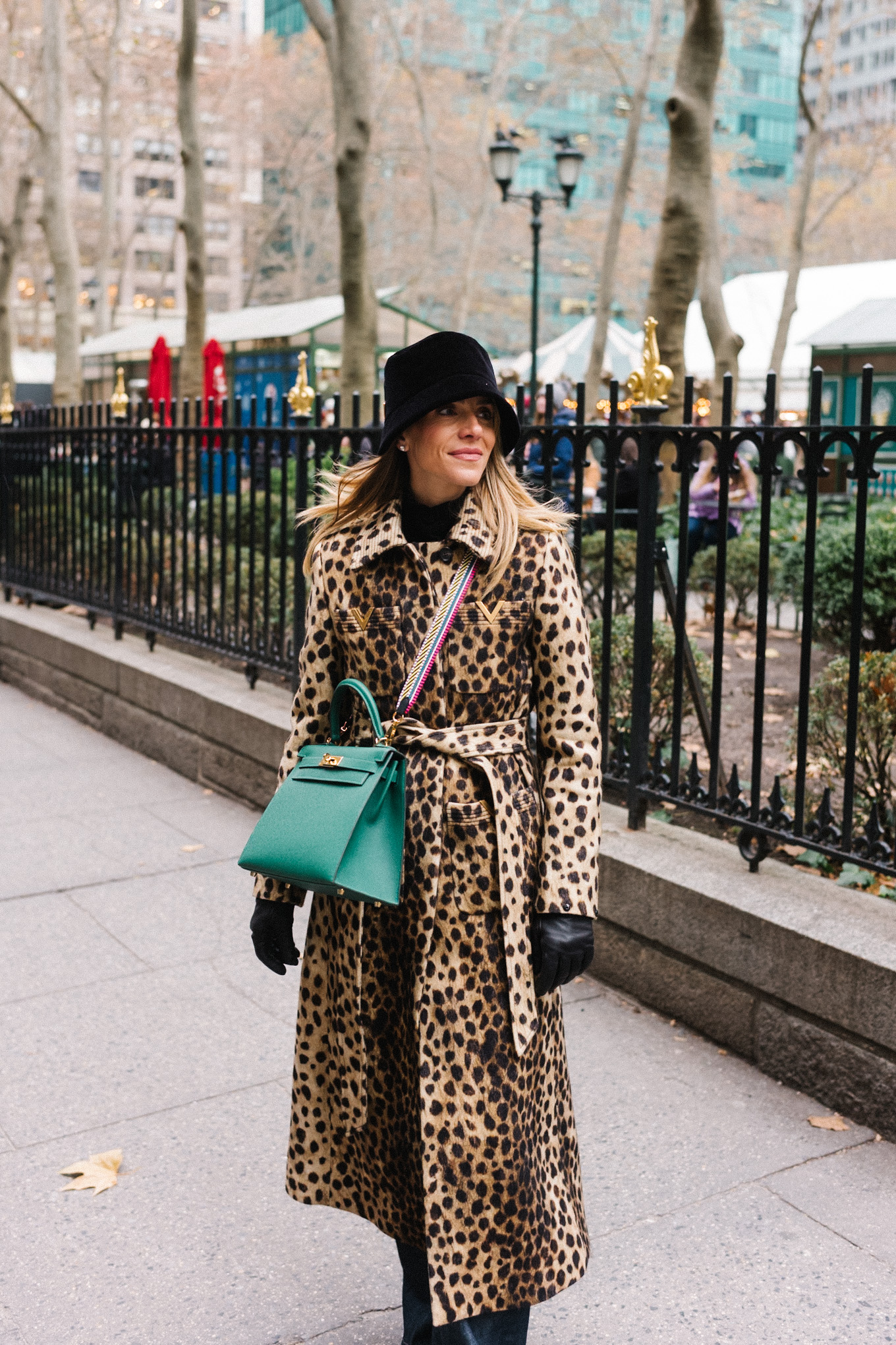 Cheetah Print Wool Coat Black Velvet Bucket Hat Christmas New York