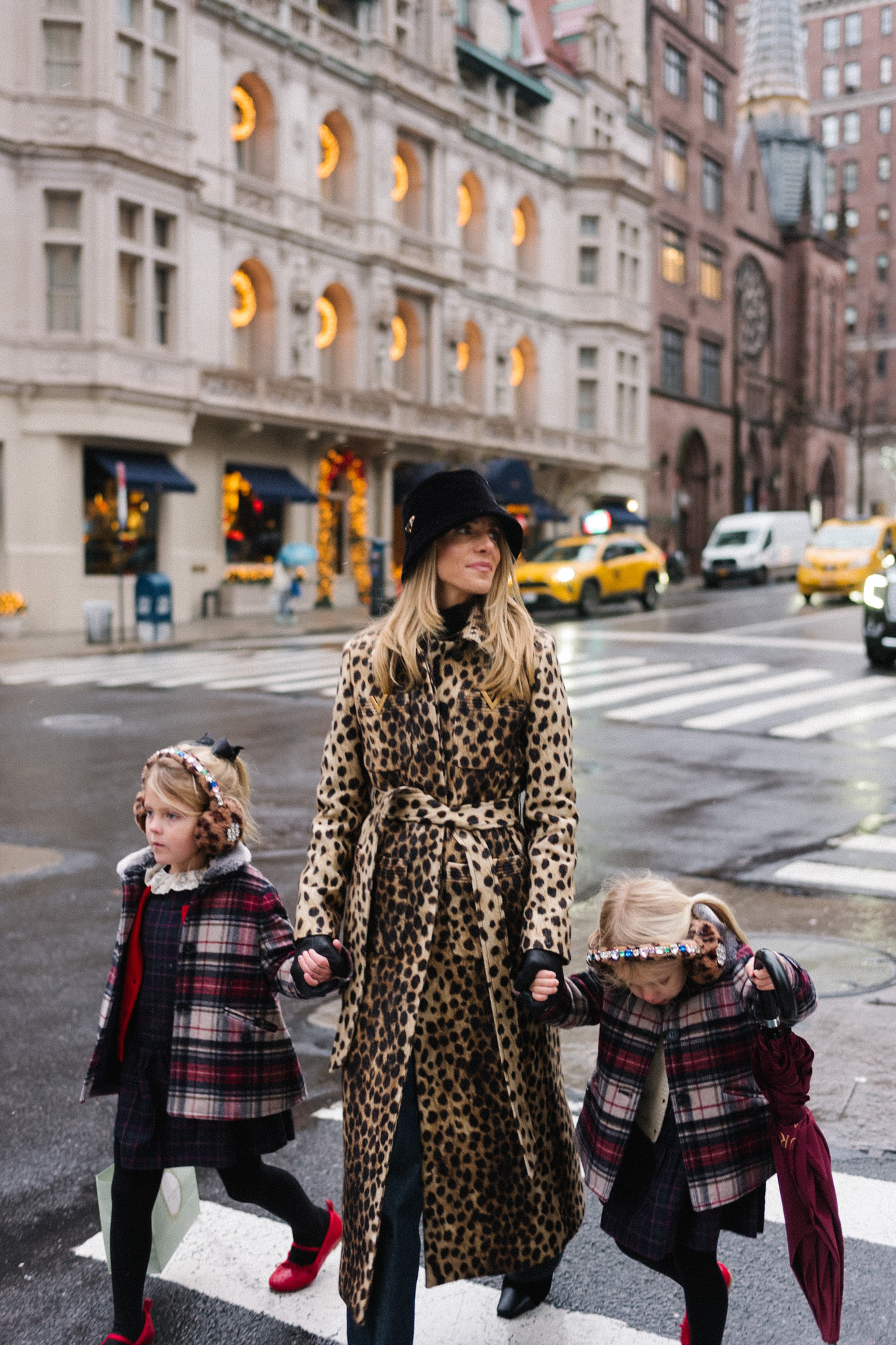 Cheetah Print Wool Coat Black Velvet Bucket Hat Christmas New York