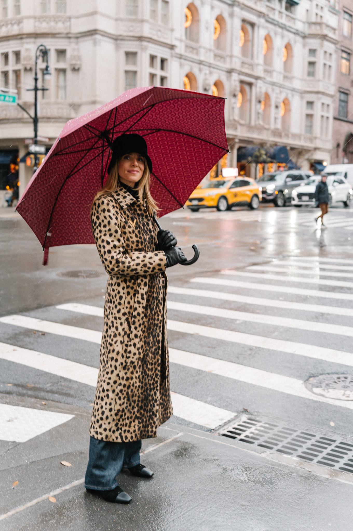 Cheetah Print Wool Coat Black Velvet Bucket Hat Christmas New York