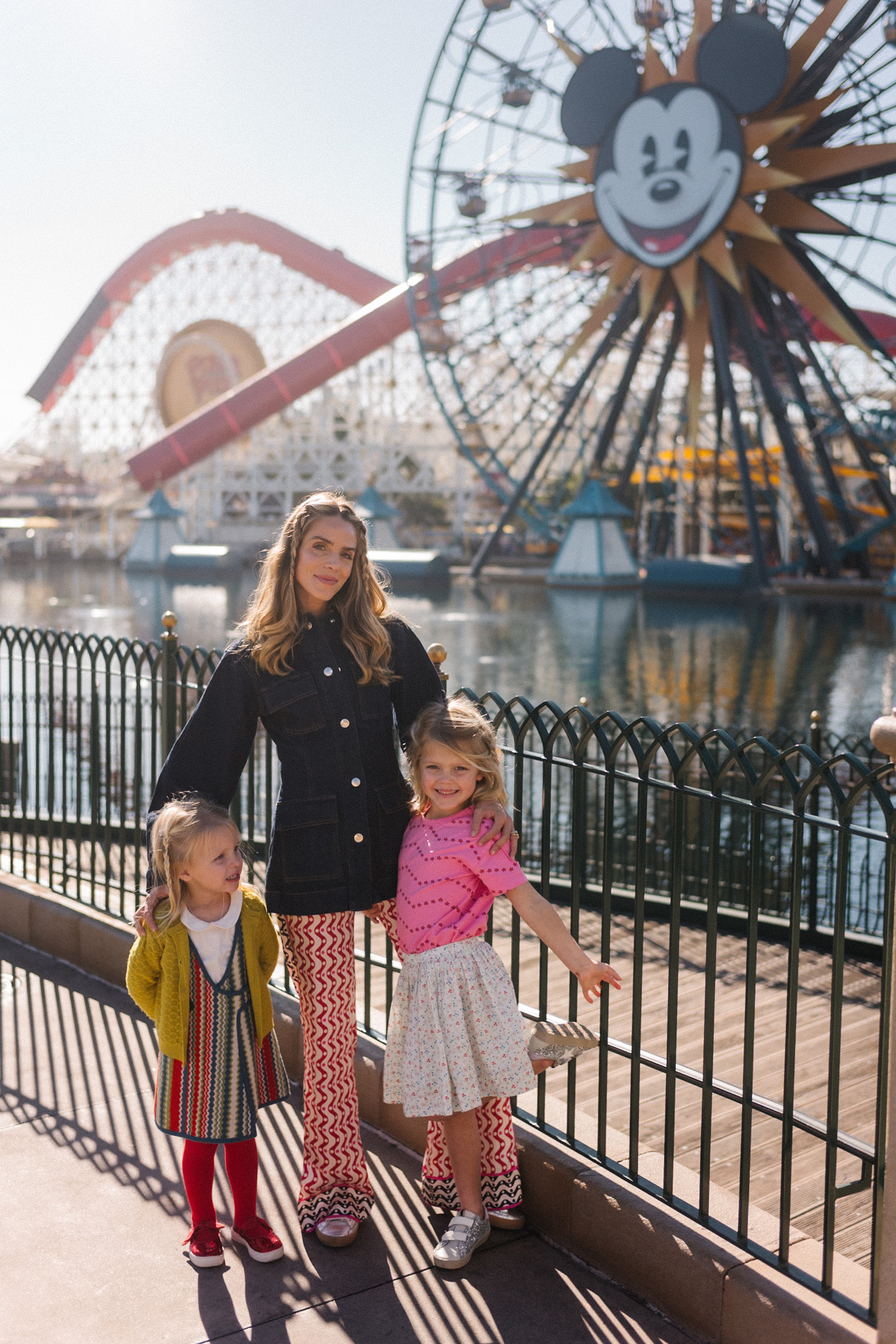 denim jacket red flare pants