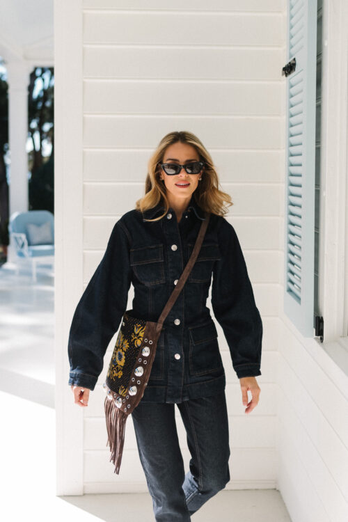 denim jacket denim pants fringe bag