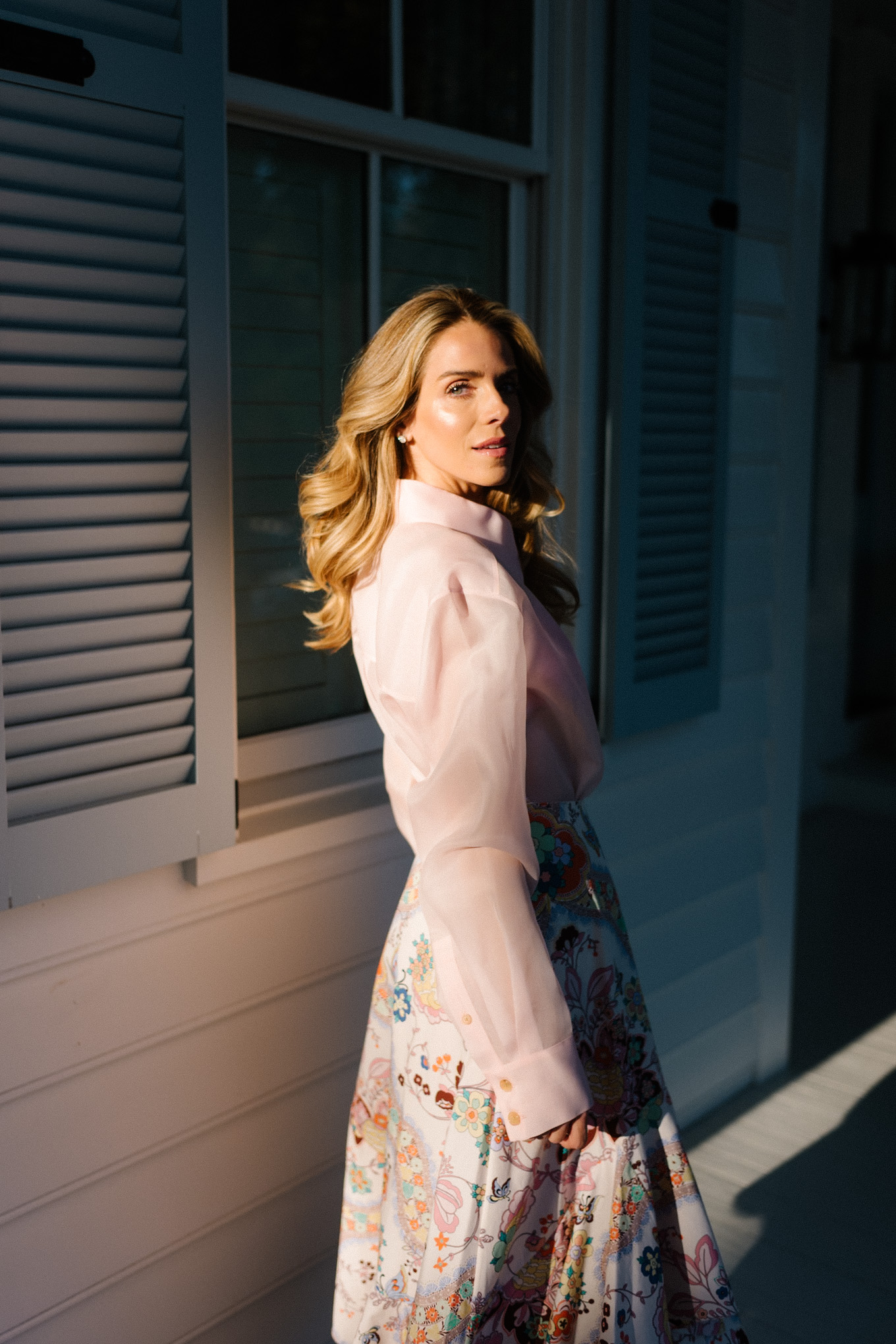 pink sheer collared shirt floral midi skirt