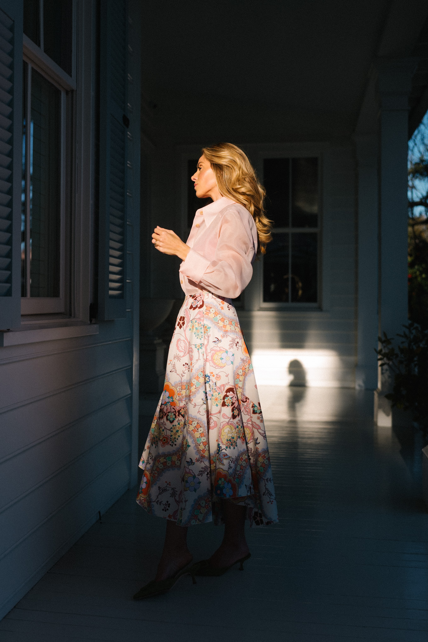 pink sheer collared shirt floral midi skirt