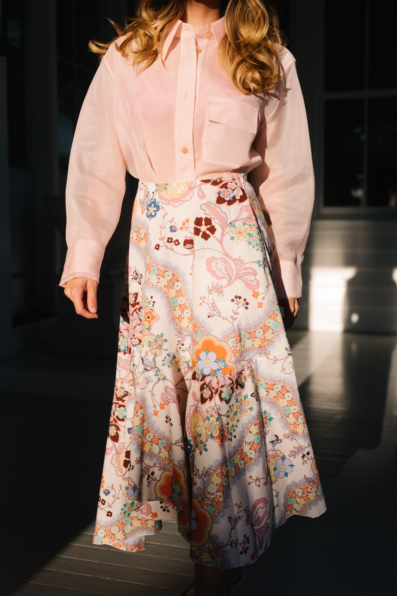 pink sheer collared shirt floral midi skirt