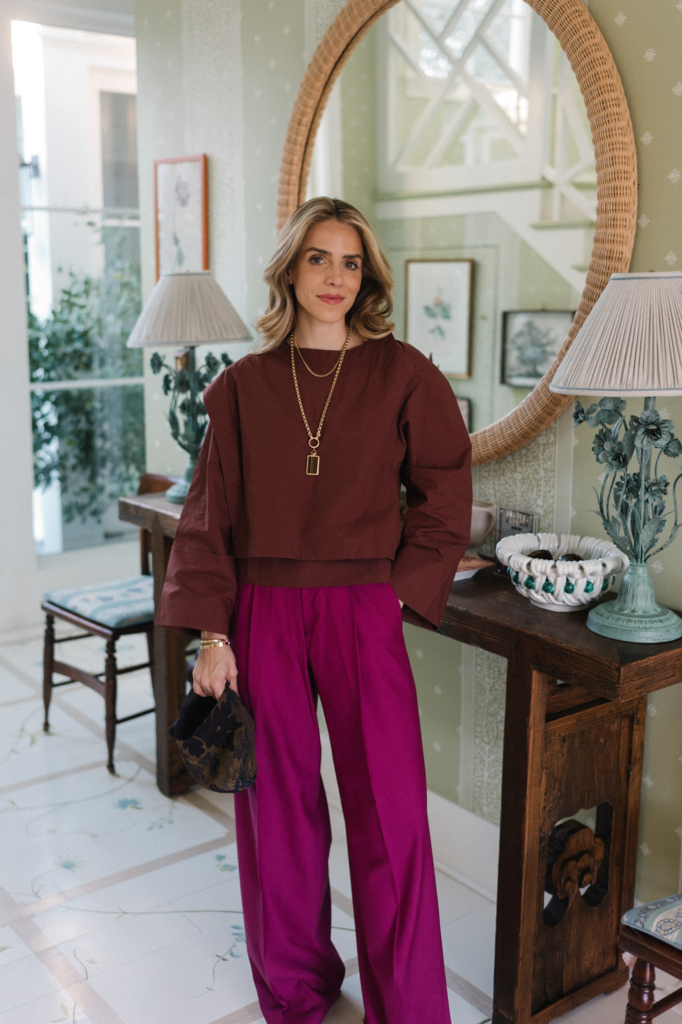 brown structured blouse magenta wool blend wide leg pants black heels