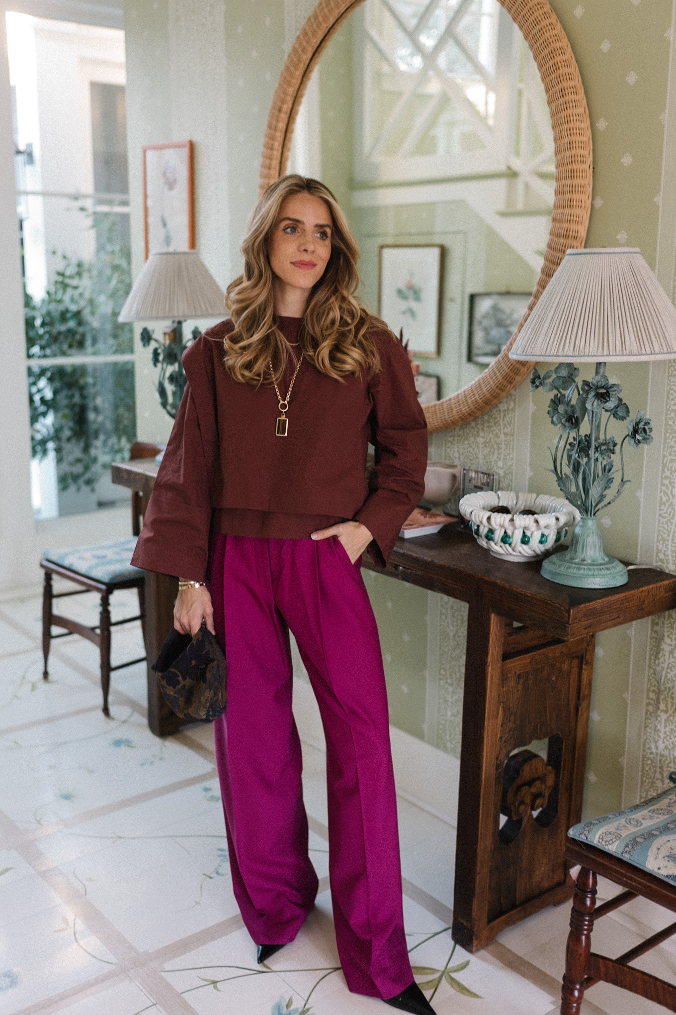 brown structured blouse magenta wool blend wide leg pants black heels