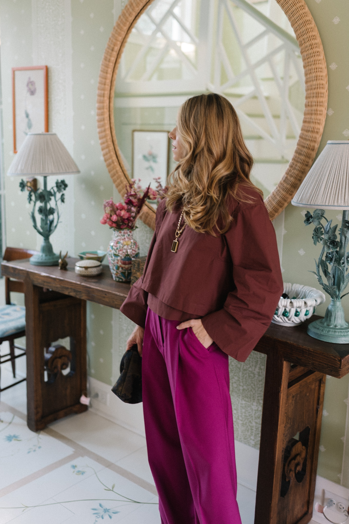 brown structured blouse magenta wool blend wide leg pants black heels