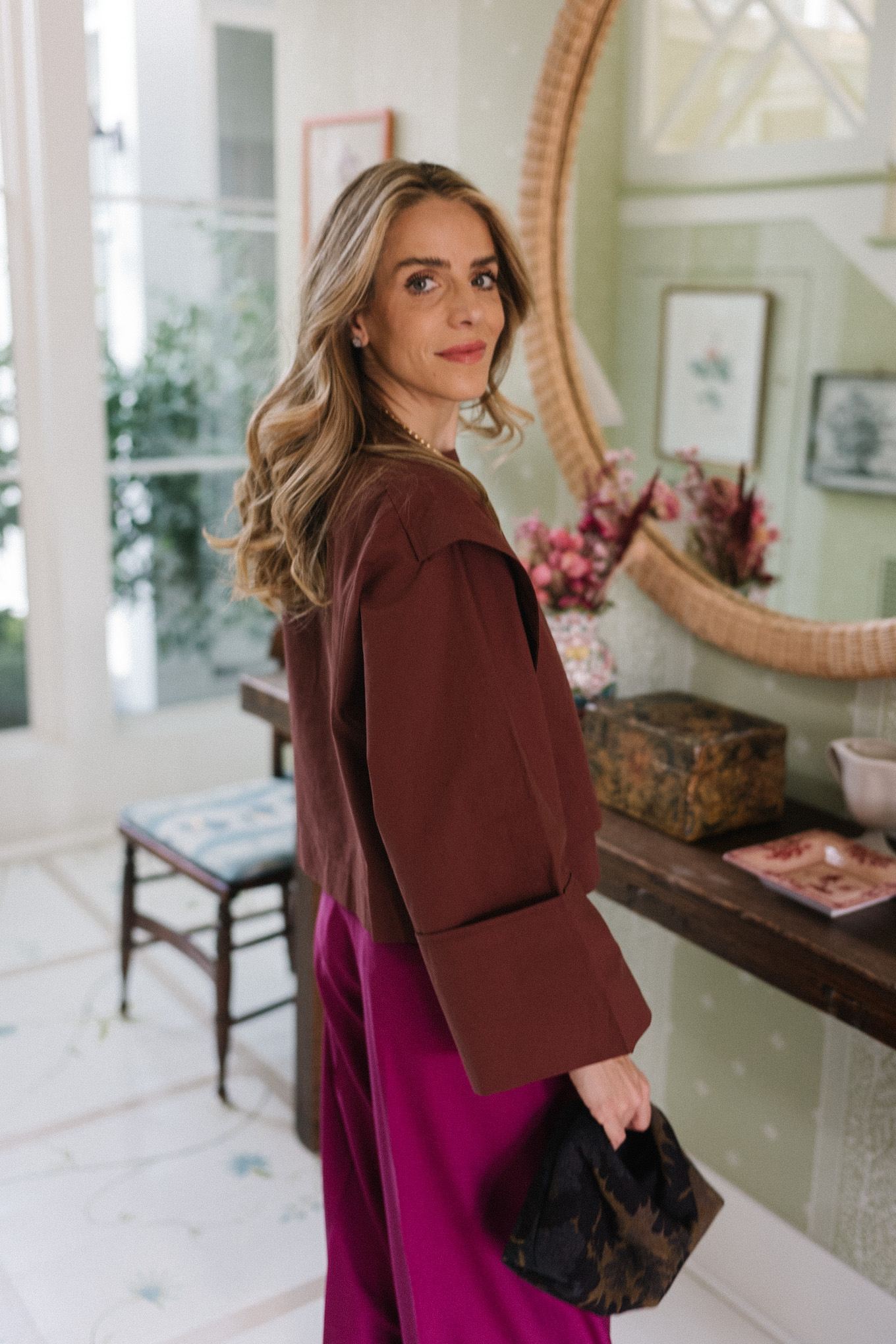 brown structured blouse magenta wool blend wide leg pants black heels