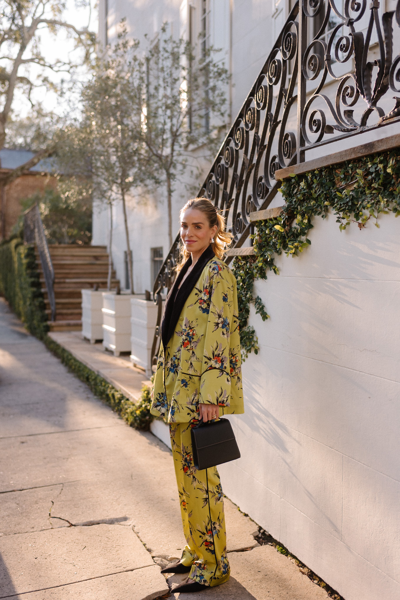 chartreuse floral smoking jacket and pants