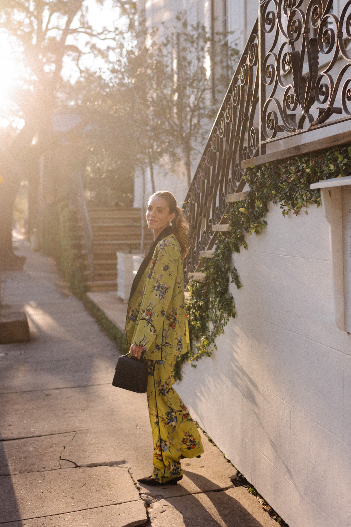 chartreuse floral smoking jacket and pants