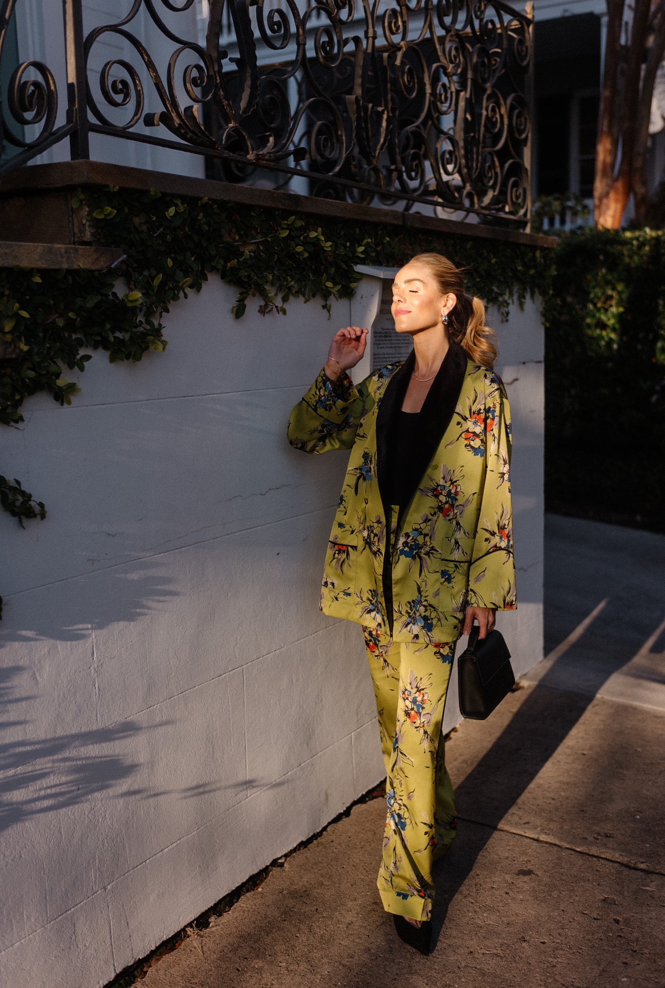 chartreuse floral smoking jacket and pants