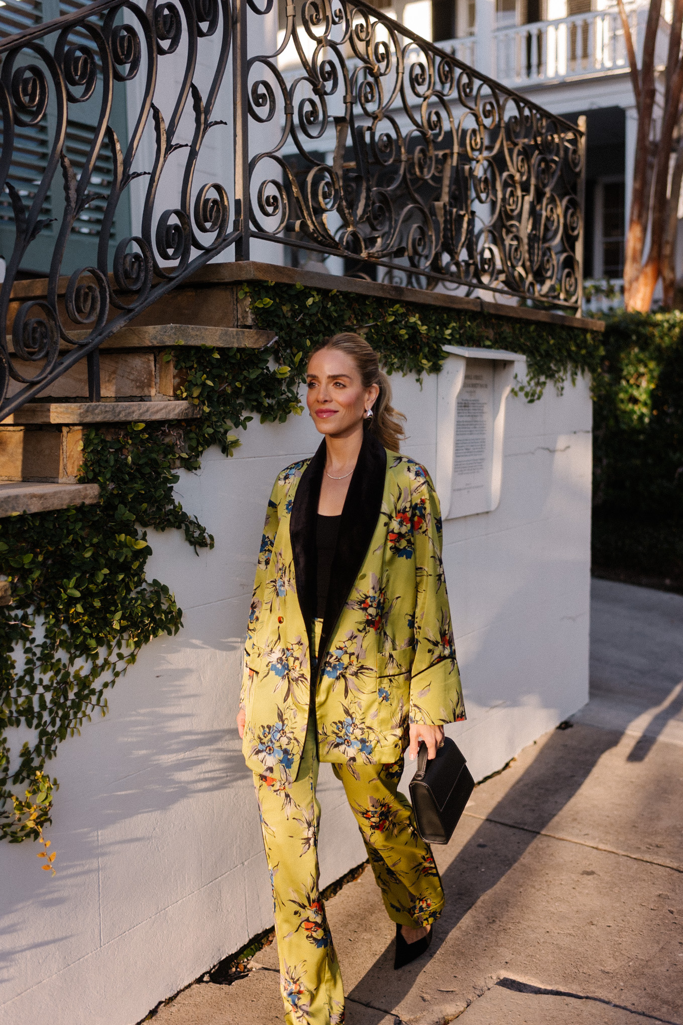 chartreuse floral smoking jacket and pants