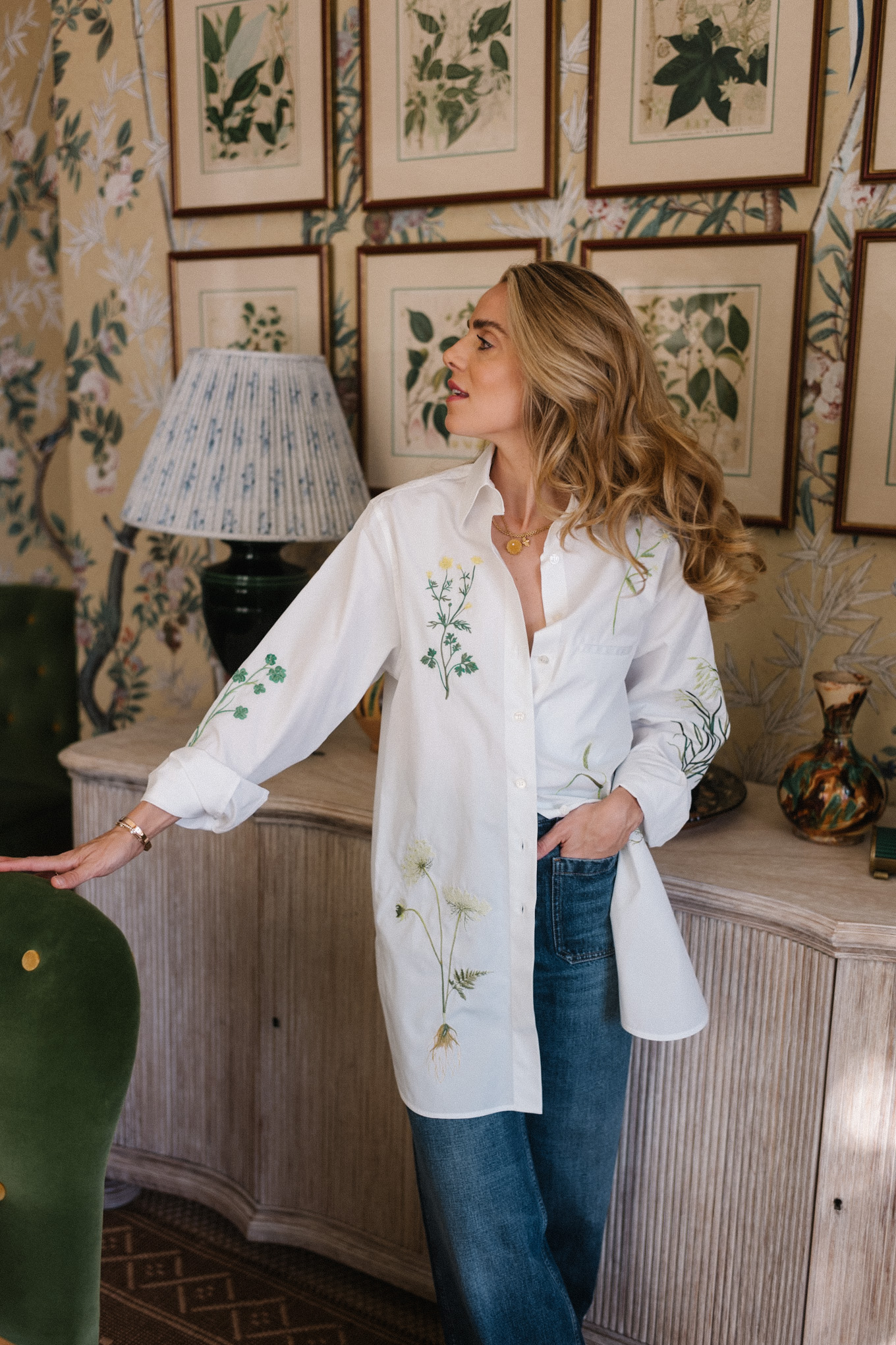 floral embroidered white button down shirt