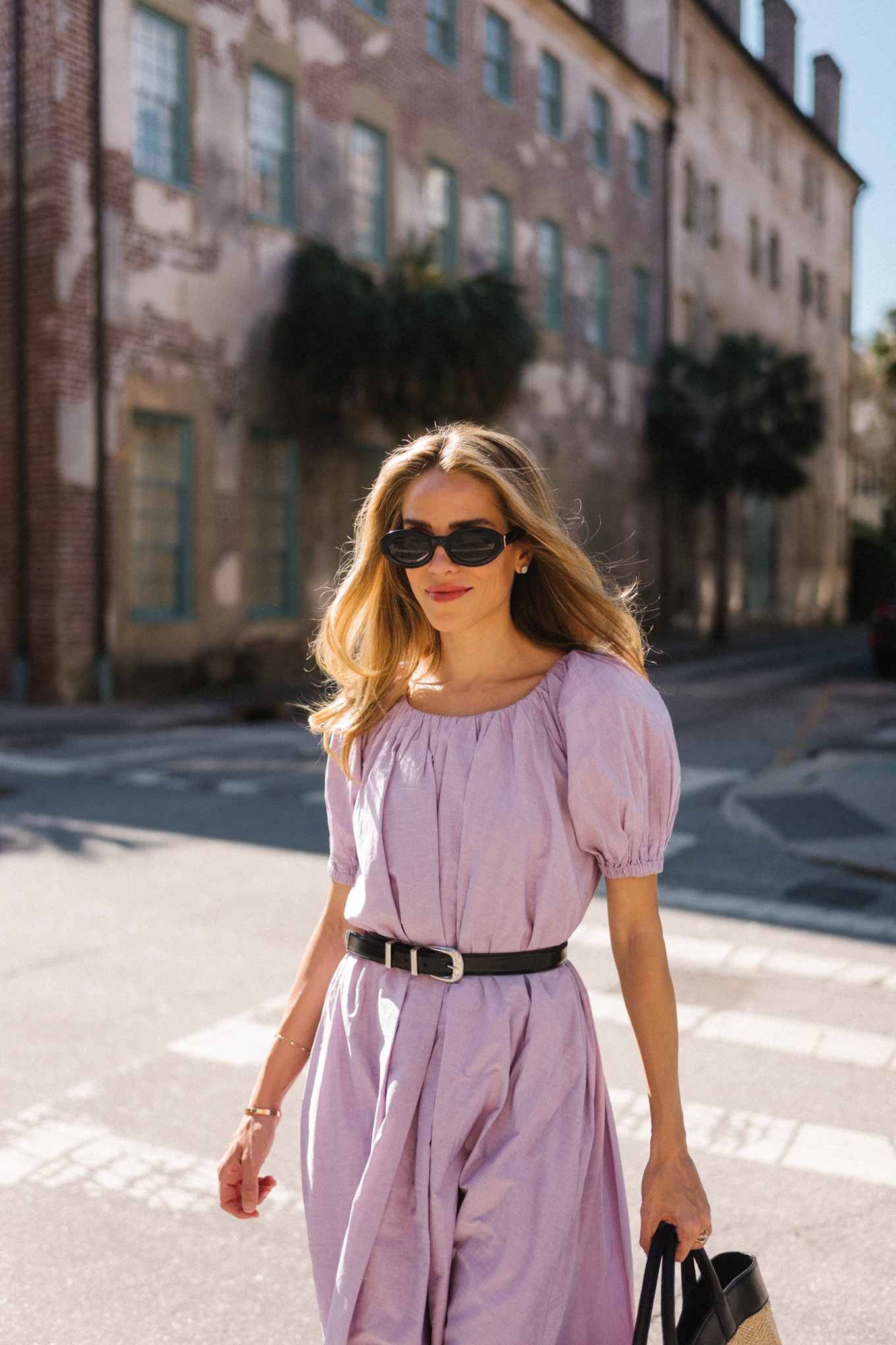 lavender midi dress rattan tote silver pumps