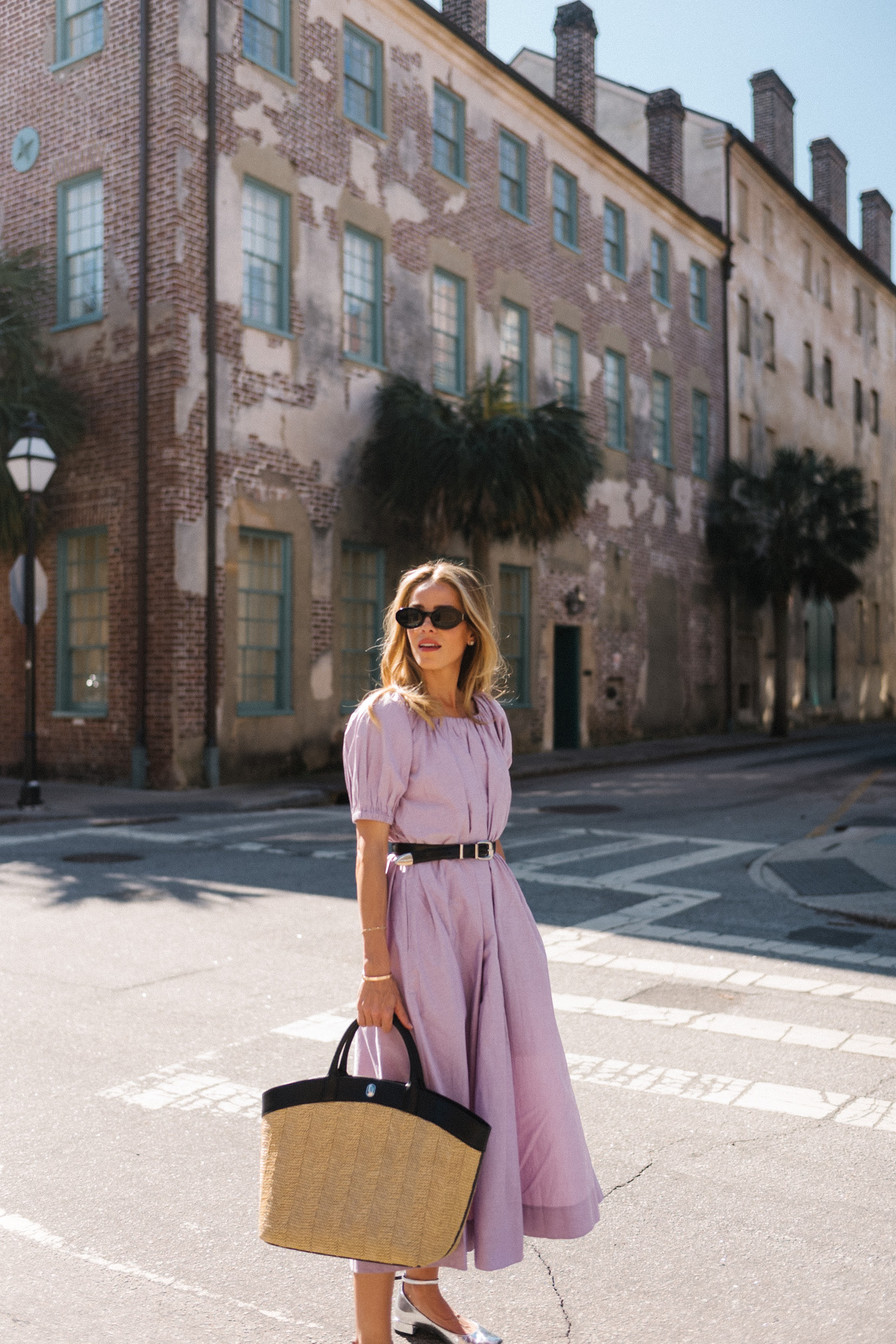 Lavender midi dress rattan tote silver pump