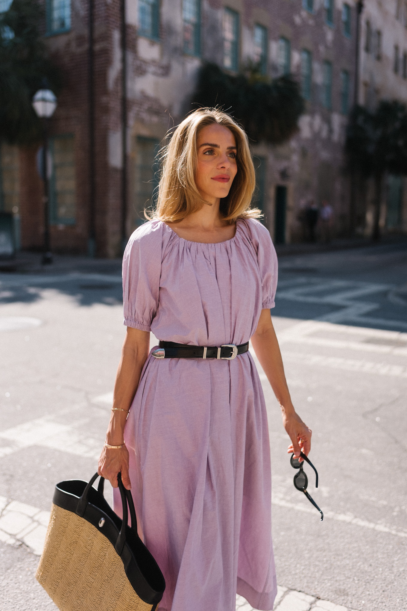 Lavender midi dress rattan tote silver pump