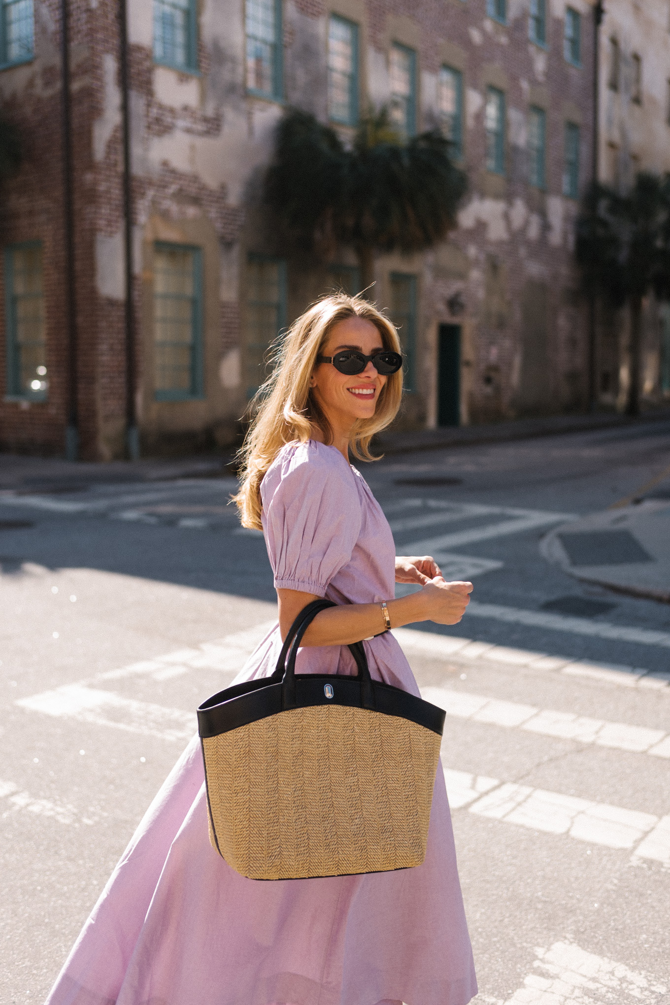 Lavender midi dress rattan tote silver pump