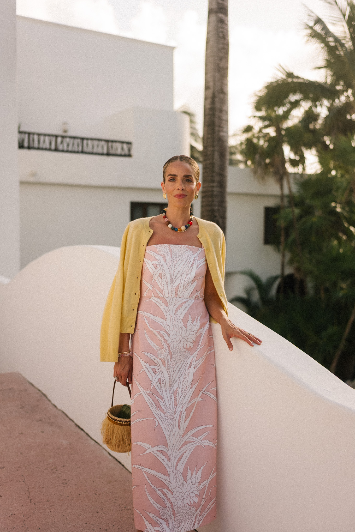 pastel pink cotton midi dress stone necklace pink raffia mary janes