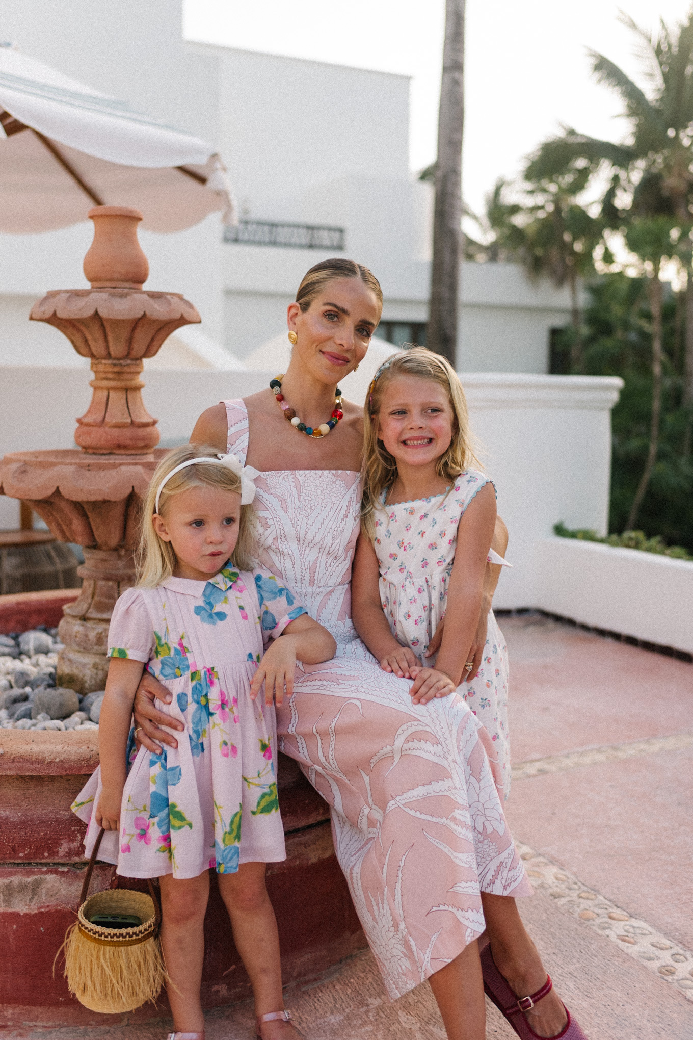 Pastel Pink Cotton Midi Dress Stone Necklace Pink Raffia Mary Janes