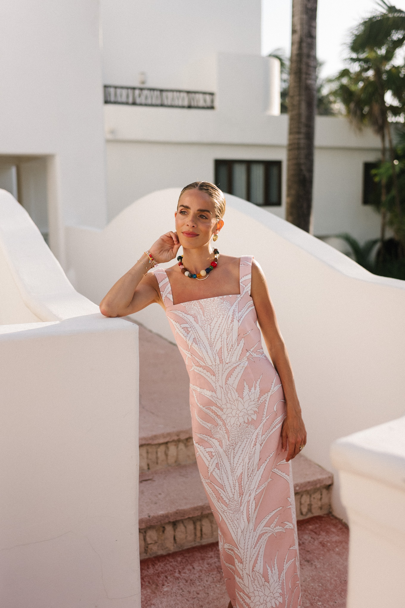 pastel pink cotton midi dress stone necklace pink raffia mary janes