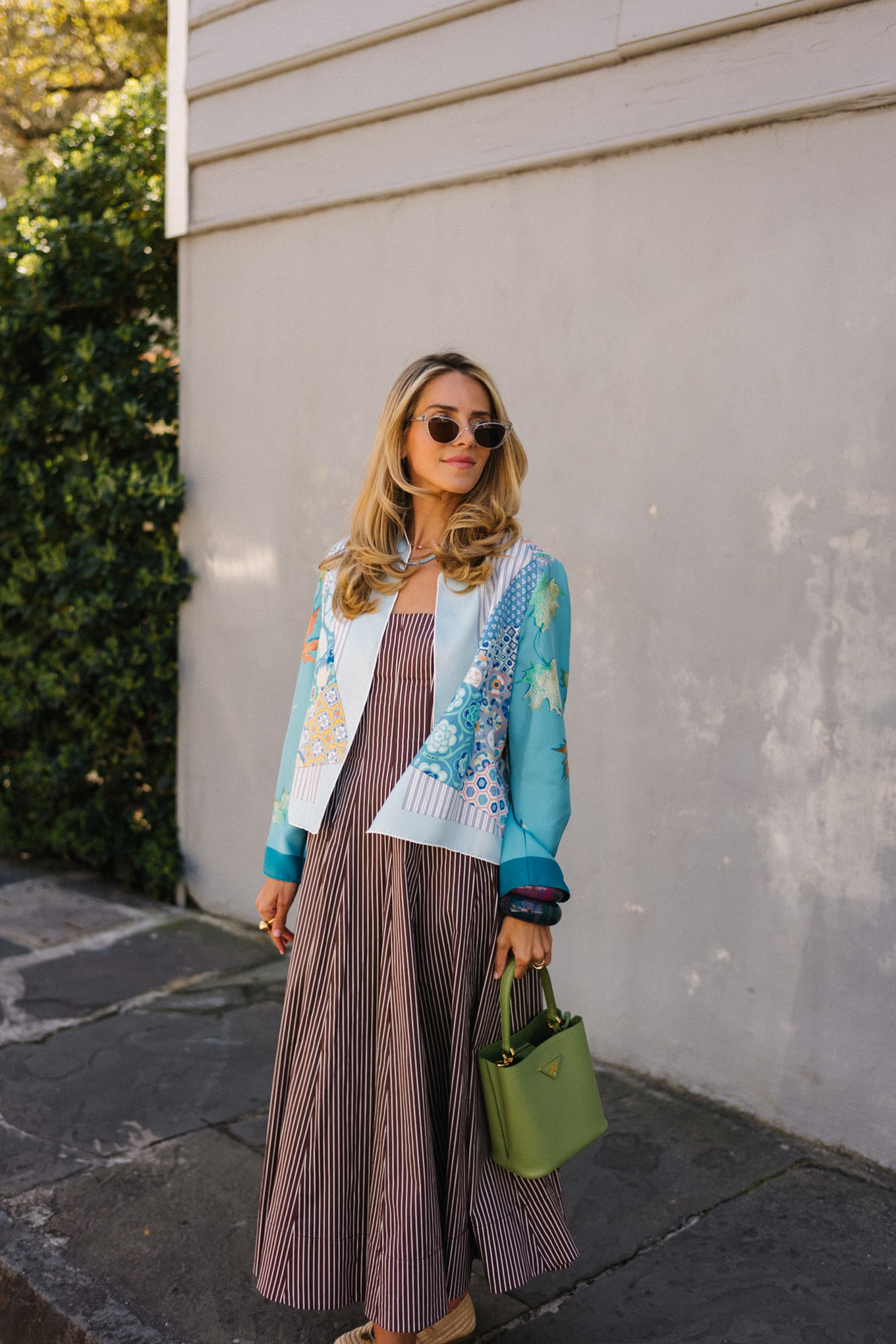 Brown striped midi dress blue silk jacket green handbag woven flat