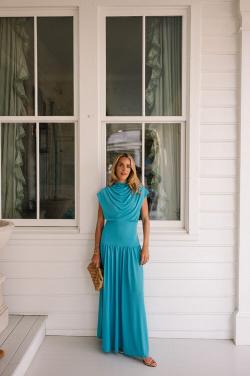 turquoise blue formal dress woven bag seashell earrings