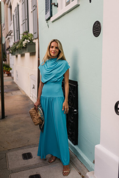turquoise blue formal dress woven bag seashell earrings