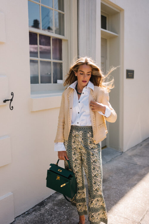 tweed jacket white button down green patterned wide leg pants