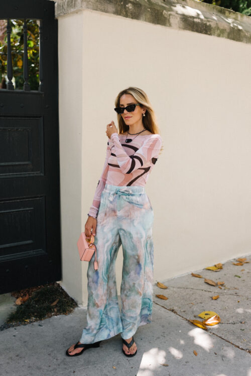 pink graphic top light blue watercolor spring pants