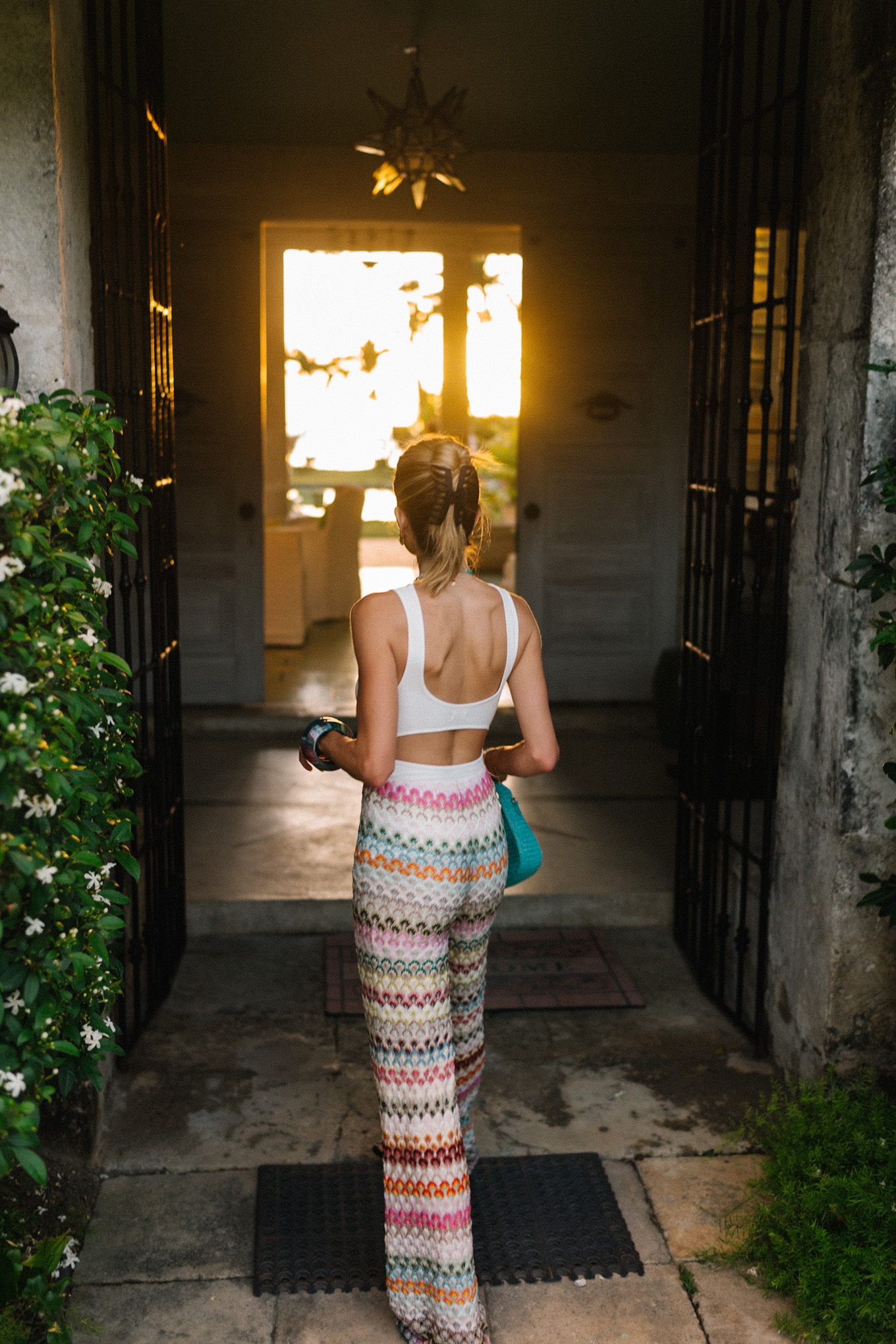 rainbow stripe mesh pants white tank turquoise necklace turquoise bag