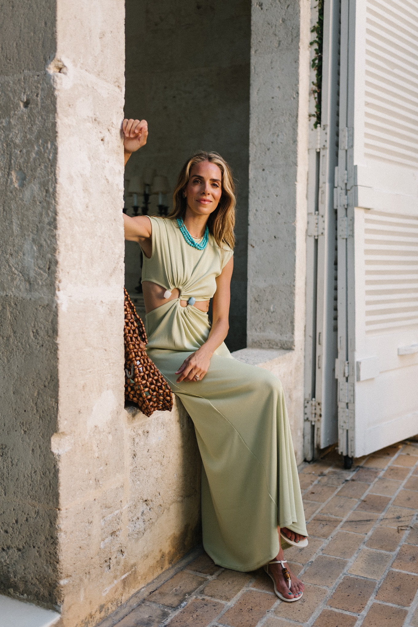 Green Cotton Maxi Dress Brown Brown Turquoise Collar