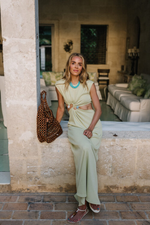 green cotton maxi dress brown woven tote turquoise necklace