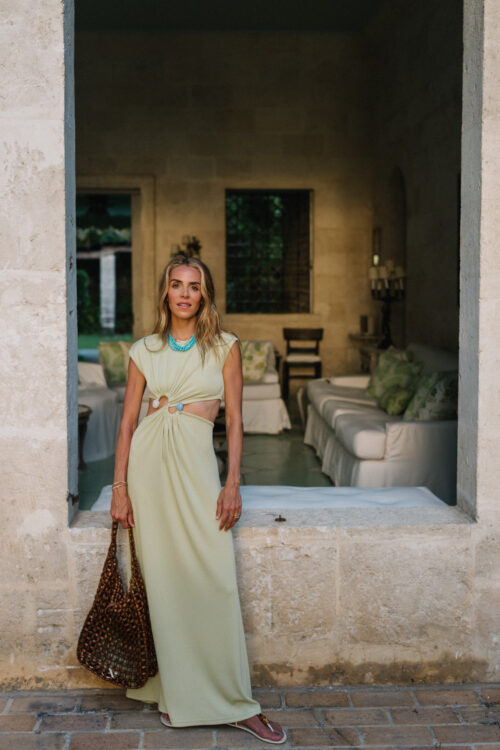 green cotton maxi dress brown woven tote turquoise necklace