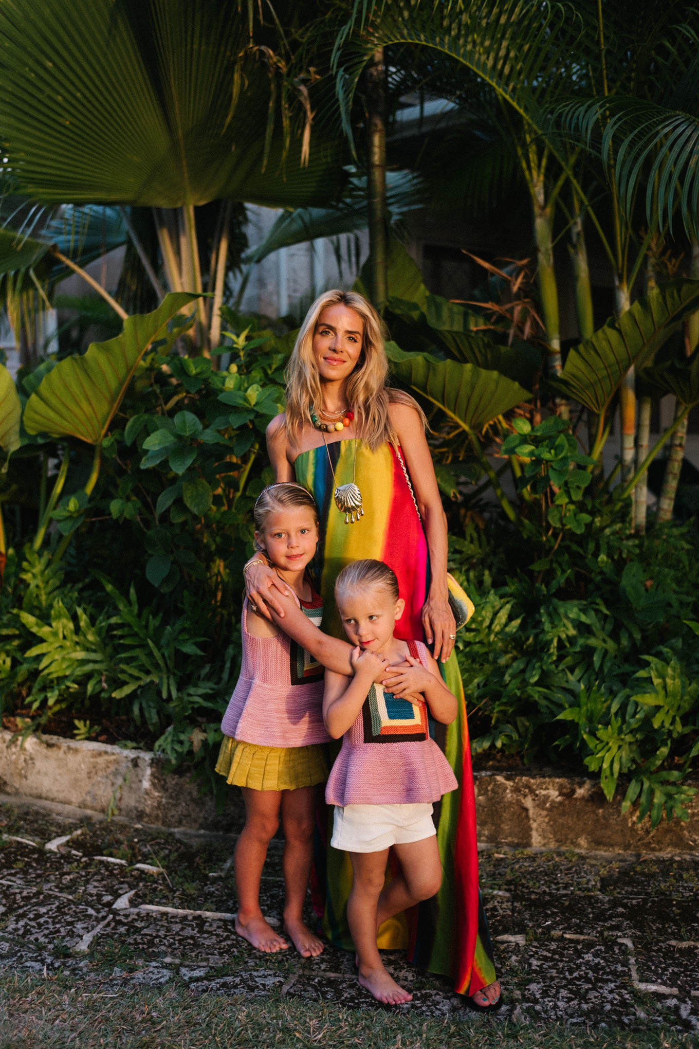 silk rainbow stripe maxi dress rainbow beaded necklace gold seashell necklace rainbow bag