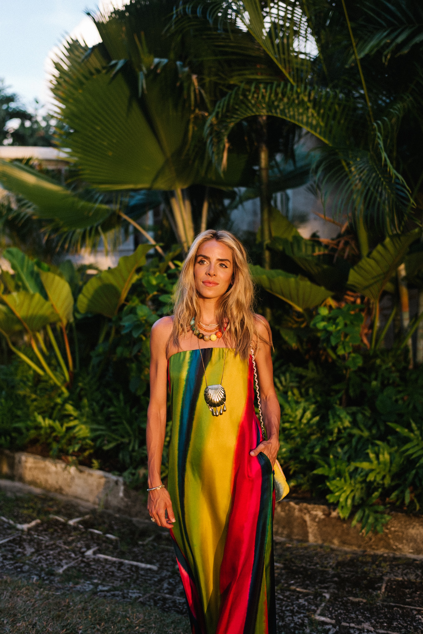 silk rainbow stripe maxi dress rainbow beaded necklace gold seashell necklace rainbow bag