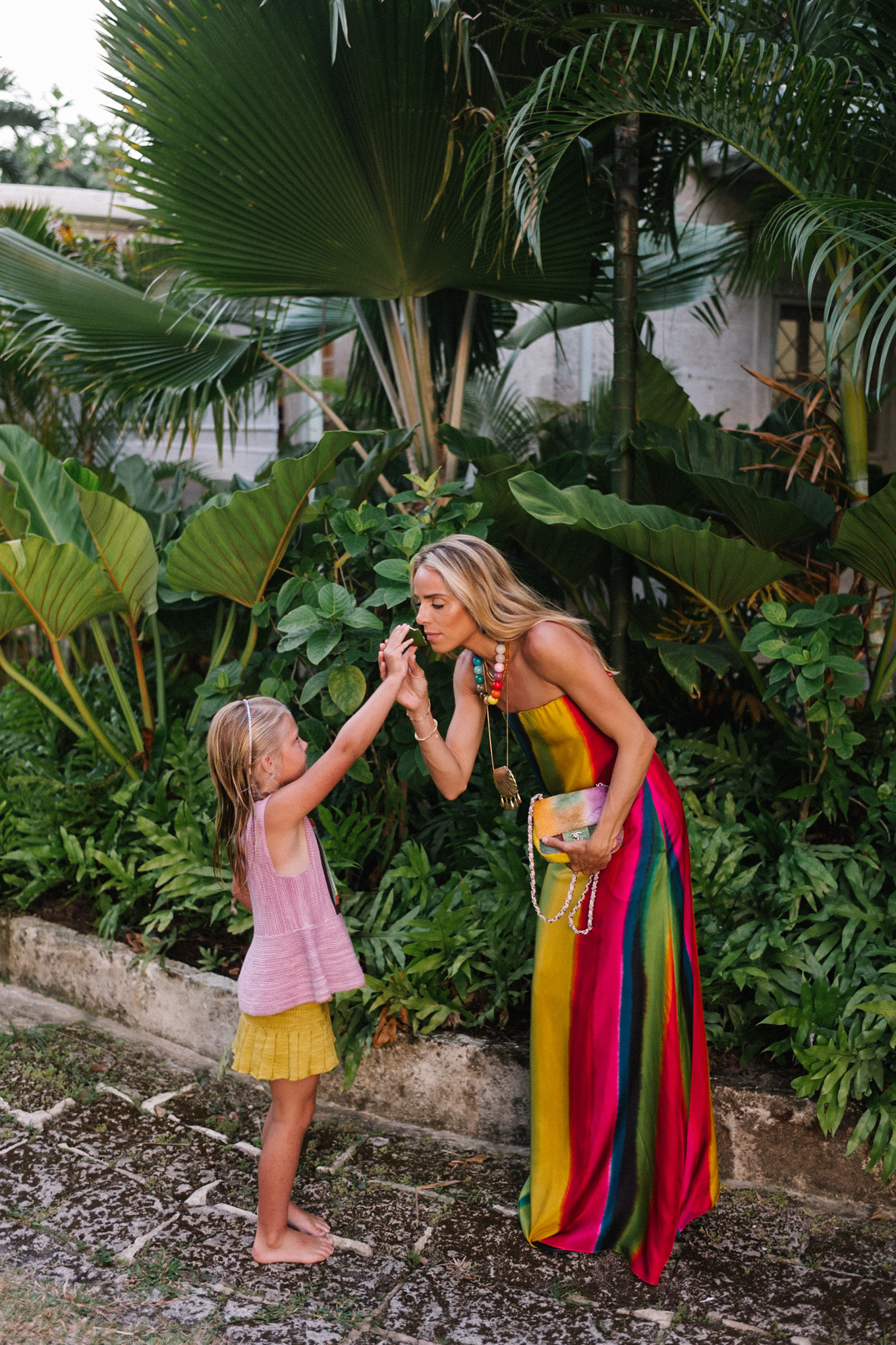 silk rainbow stripe maxi dress rainbow beaded necklace gold seashell necklace rainbow bag