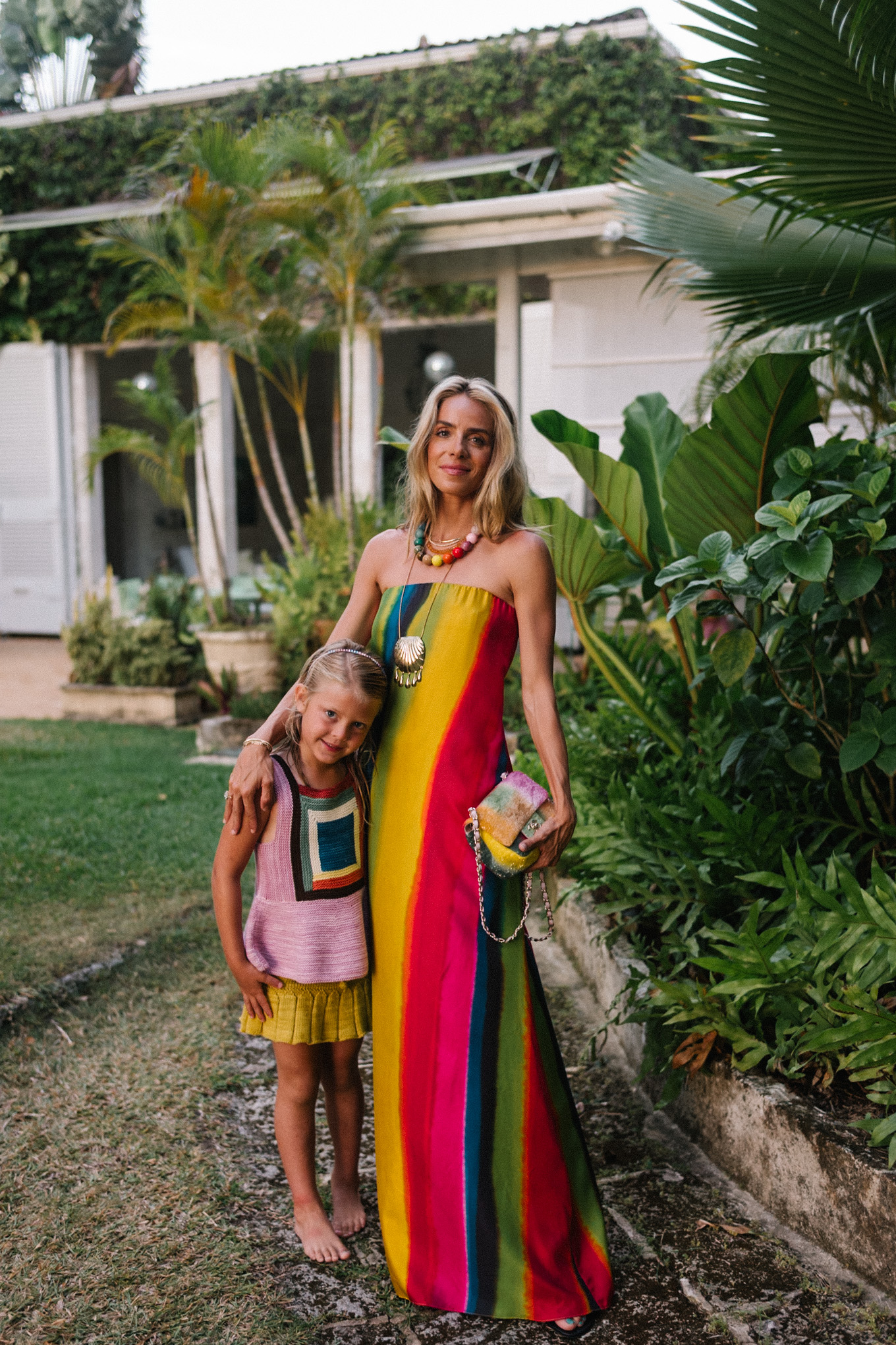 silk rainbow stripe maxi dress rainbow beaded necklace gold seashell necklace rainbow bag